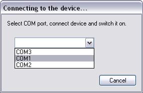 connected with the cable supplied. Please select Device -> Connect.... Then you are asked to enter the serial port to which you have connected the device.