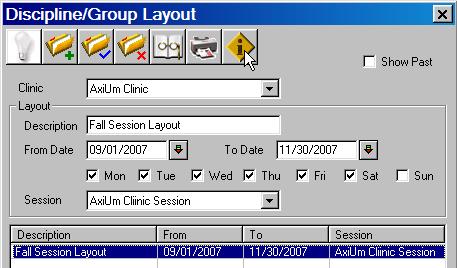 Once the layout parameters are set (Clinic, description, duration, days of the week, and session) select the <i> icon to display the Session layout window.