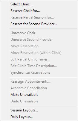 A left-click displays the Providers List window where you can look up a provider. When you select a provider, you can place a reservation on the chair for the currently displayed session.