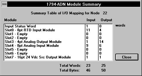 Configuring Your DeviceNet Adapter Online 4 15 A complete module summary can be viewed by clicking on the button at the bottom of the I/O summary screen.