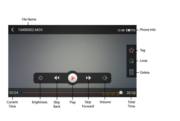 Playback Mode: Playback: While connected to your smartphone via the WiFi app, you can enter video playback mode through the app display icons.