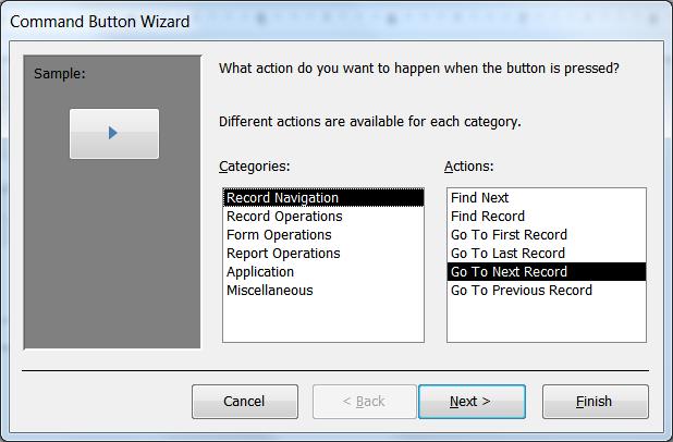 Command Button Wizard Step 1: What do you want to happen?