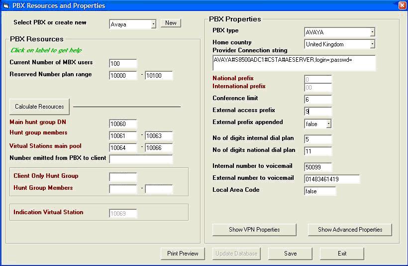 On the left hand side of the PBX Resources and Properties dialog box, select Calculate Resources, then configure the fields as follows.