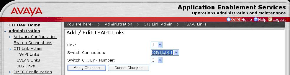 On the Add/Edit TSAPI Links screen, enter the following values: Link: Use the drop-down list to select an unused link number.