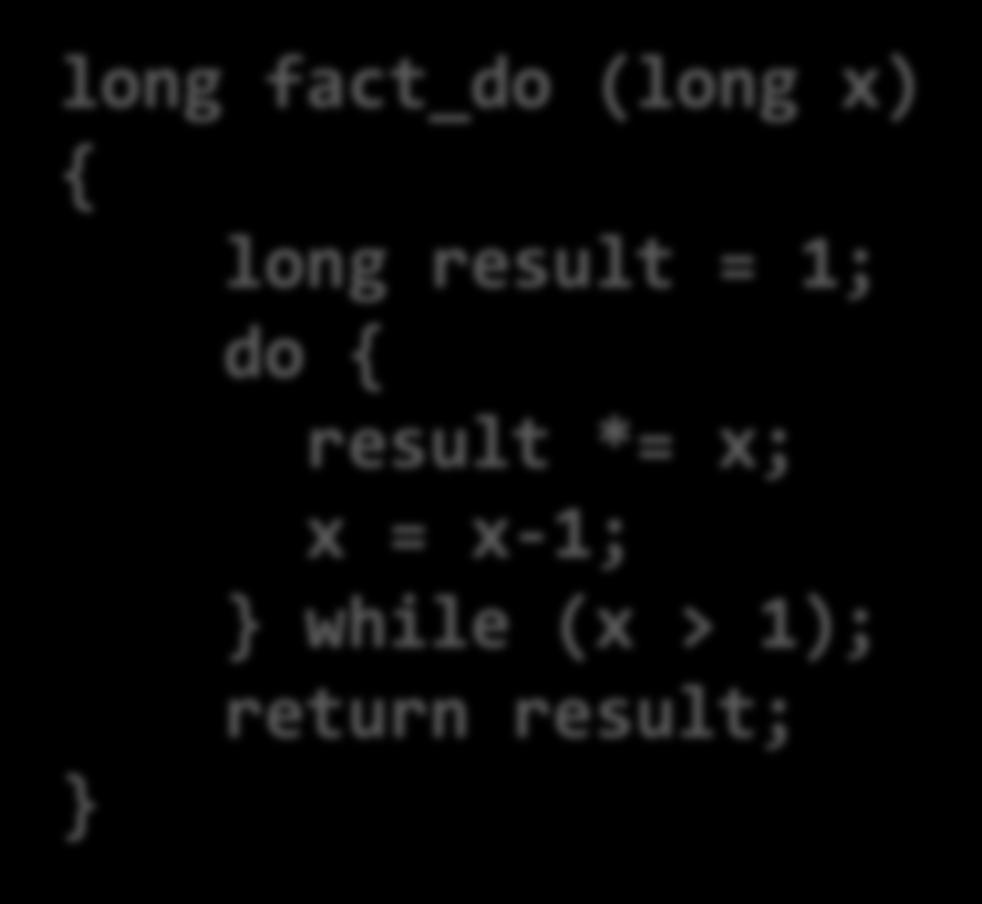 Do-While Loop (1) Example: compute factorial x!