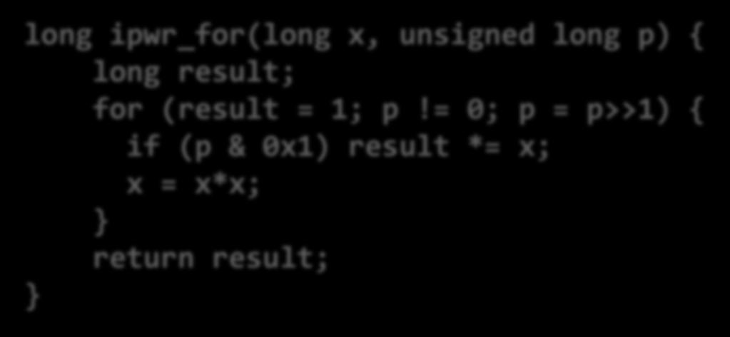 For Loop (1) Example: compute x p Exploit property that p = p 0 + 2p 1 + 4p 2 + + 2 n 1 p n 1 Gives: x p = z 0 z 1 2 (z 2