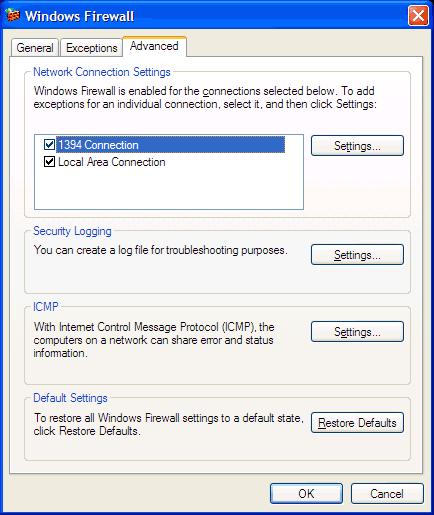3 In the Windows Firewall dialog, click the Advanced tab. 4 In the Advanced tab, click Restore Defaults to restore the default Windows Firewall settings. 5 In the confirmation dialog, Click Yes.