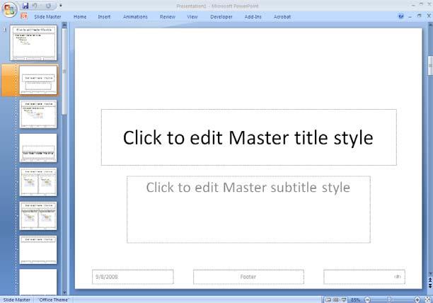 The first piece of the master shown is the Primary Master. The primary master s headers and footers cannot be changed. A slide for each layout is shown under the primary master.