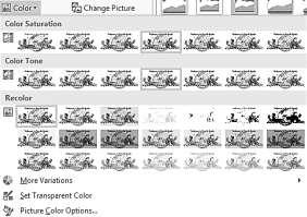 Changing the Coloring of a Picture Double click on the picture. The Format tab of Picture Tools comes up on the Ribbon. In the Adjust group, click on the Color drop-down arrow.