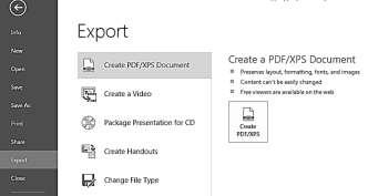 Saving as PDF Click on the File tab and then click on Export. Click on the Create PDF/XPS button. Navigate to the location where the PDF document is to be saved. Change the file name if desired.