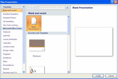 Creating a Presentation Creating a Presentation New Presentation You can start a new presentation from a blank slide, a template, existing presentations, or a Word outline.