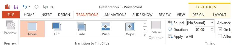 You can apply slide transitions from the Transitions tab.