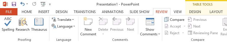 You can use the Review tab to access PowerPoint's powerful editing features, including spell check and