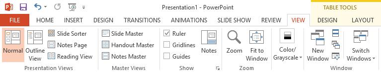 The View tab allows you to switch between several different views for your presentation, including Outline
