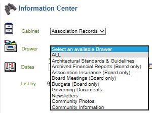 The "Information Center" button contains your Association's Governing Documents, Rules & Regulations, Architectural Application and