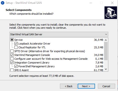 12. Select the following components for the minimum setup: StarWind Virtual SAN Service StarWind VSAN service is the core of the software.