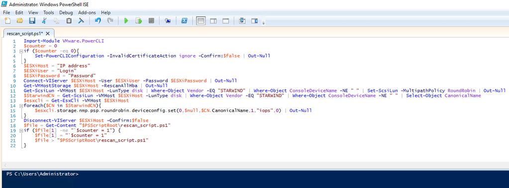 22. Create PowerShell script which will perform an HBA rescan on the hypervisor host. Import-Module VMware.