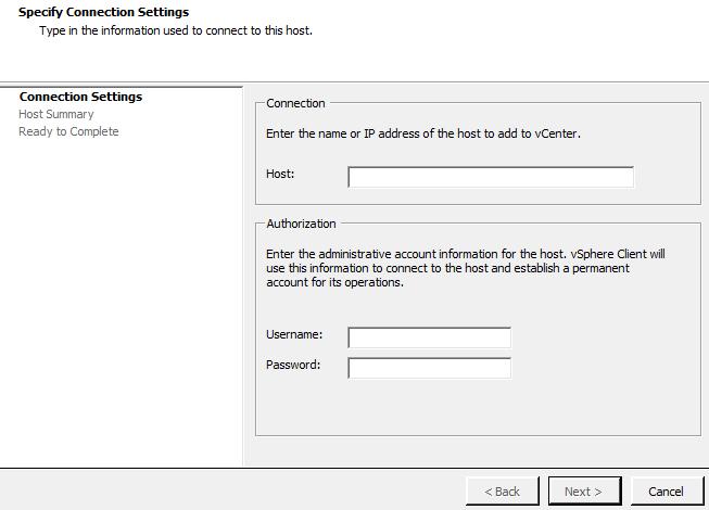 Enter the name or IP address of the ESXi host