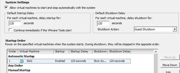 Configuring StarWind VMs startup/shutdown 6. Set up the VMs startup policy on both ESXi hosts in Configuration -> Virtual Machine Startup and Shutdown -> Properties menu.