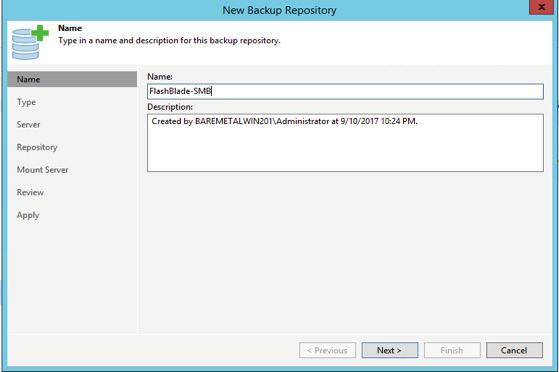 With the backup repository location created on Pure Storage FlashBlade, we then moved over to the Veeam Backup & Replication 9.