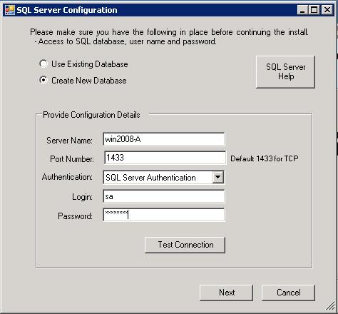 8. SQL Server Configuration pop up will appear, if you are installing the application for the first time then click on Create New Database.