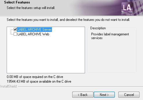 LABEL ARCHIVE Server Installation Chapter 2-24 Figure 17 Select Features window Special Notes The administration user interfaces LABEL ARCHIVE Server and Client are created using the MMC (Microsoft