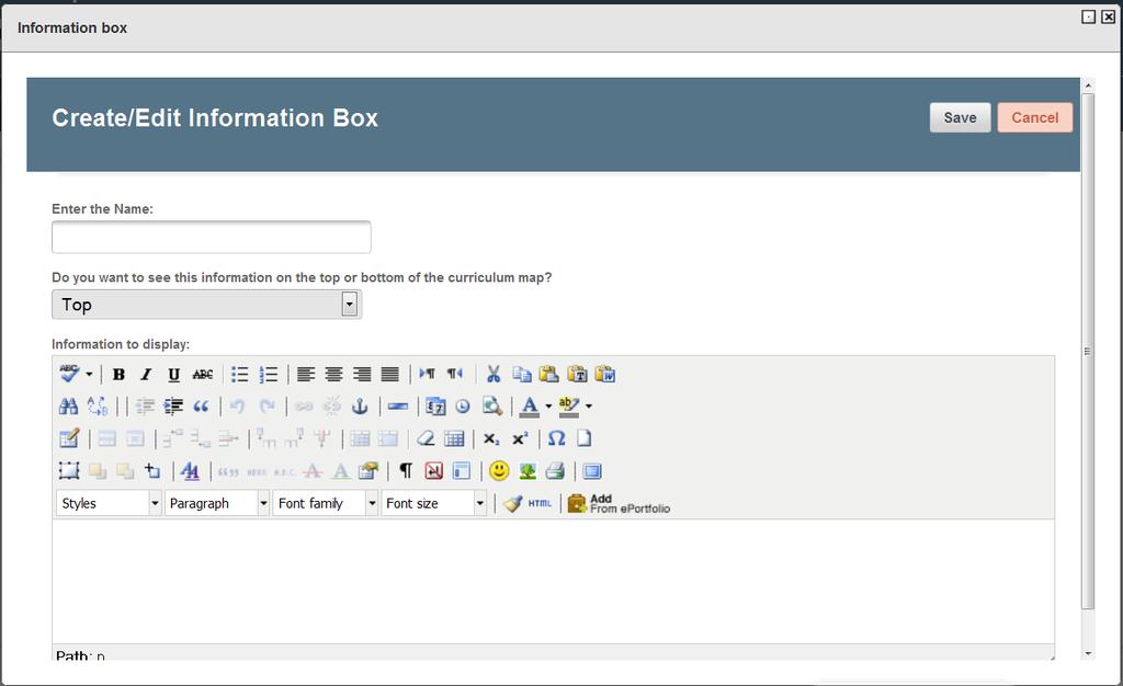 In the Information to Display text-editor, type the information you would like to display in this information box.