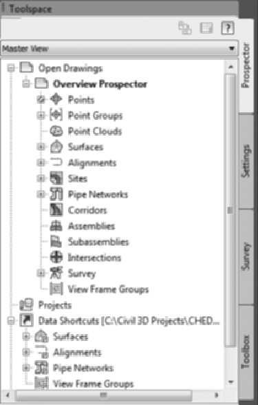 10 Harnessing AutoCAD Civil 3D 2011 FIGURE 1.9 Prospector s Projects branch uses Vault to assist in managing a project s data and drawings.