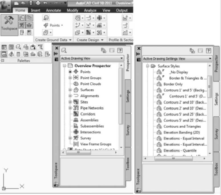 4 Harnessing AutoCAD Civil 3D 2011 The Ribbon s Home tab, Palettes panel has icons that display or hide the Prospector, Settings, Survey, and Toolbox tabs.