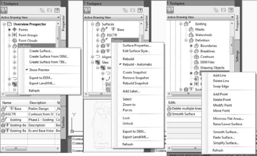 6 Harnessing AutoCAD Civil 3D 2011 Prospector calls commands using right mouse button shortcut menus.