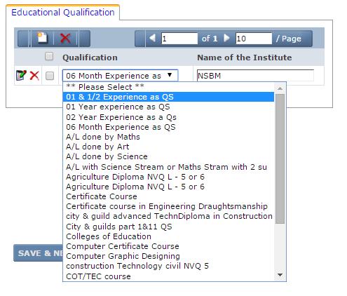 After clicking on the Add button User can select a Qualification by clicking on the dropdown list.