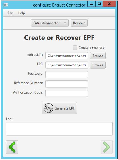 When creating or recovering the EPF file, make sure to check the new user check box if the Entrust user is new.
