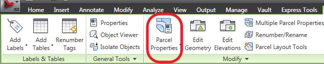 Parcels Level 1 7. Change the style of two properties. In Model Space, select the parcels shown in Figure 2 14. Select Property 1 and in the Parcel tab > Modify panel, select Parcel Properties.