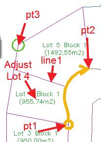 7. When prompted for the parcel to adjust, select Lot 3. Parcels Level 1 8. When prompted for the start frontage, select the bottom right corner of Lot 3, pt1.