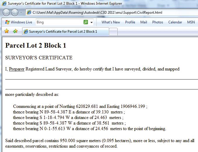 Parcels Level 1 8. Review the report, as shown in Figure 2 69, and close the web browser. 9. Save the drawing.