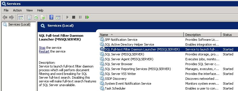 Run or rerun the SQL Server installer. 2. In the Feature Selection page of the SQL Server setup wizard, check the Full-Text Search checkbox. Verify the Full Text Search Service is Running 1.