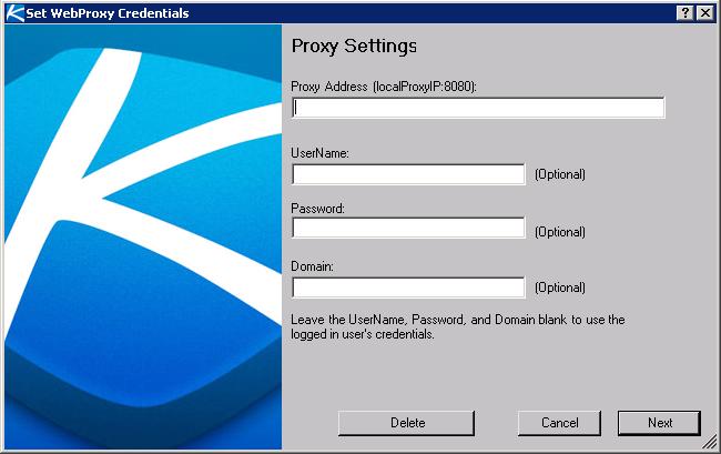 Configuring SQL Server Reporting Services KInstall /SetWebProxy:On Once enabled, the proxy dialog displays each time you run KInstall.