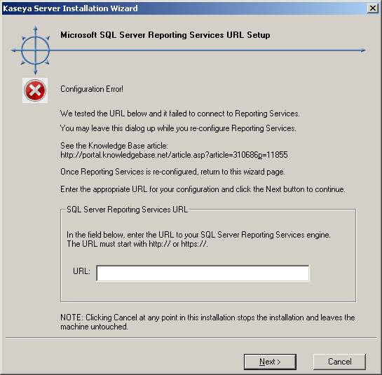 Configuring SQL Server Reporting Services When installing or updating the Kaseya Server, the installation attempts to identify this URL automatically and connect to Reporting Services.