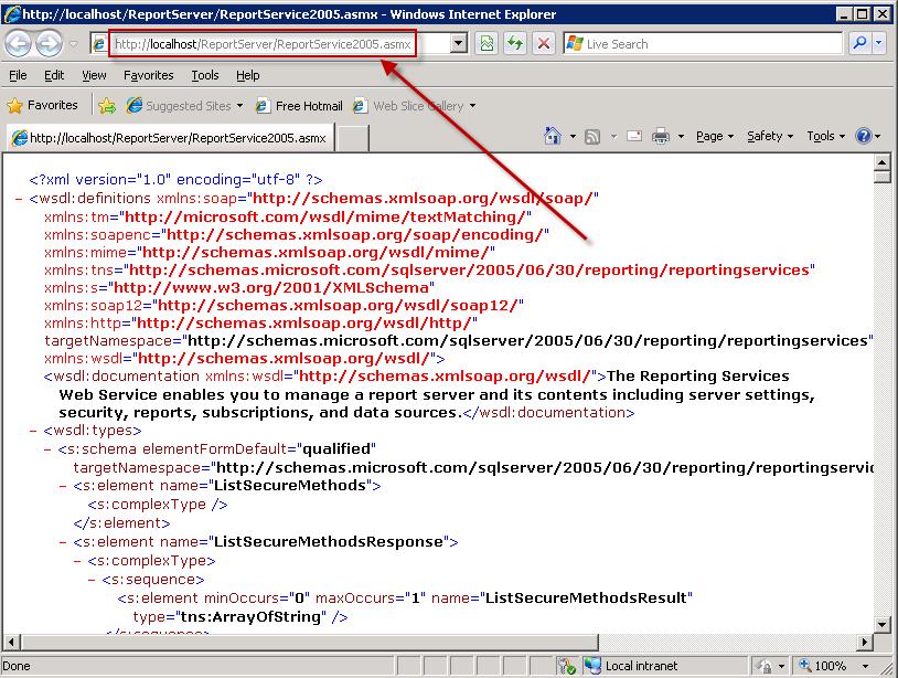 Configuring SQL Server Reporting Services 3. Typically a SOAP XML statement displays in the browser page. The URL in the browser is the URL your VSA should use to connect to the SSRS.