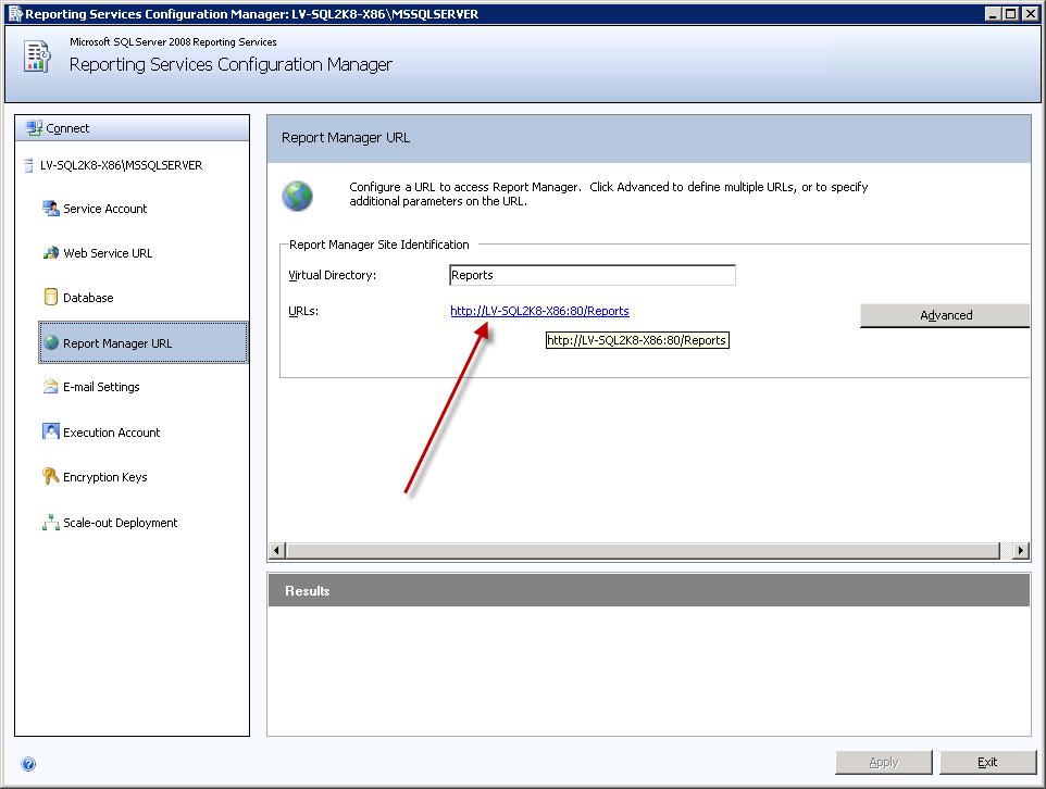 Configuring SQL Server Reporting Services 4. Navigate to Report Manager URL. Click the link labeled URLs.