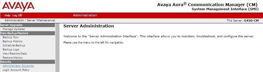 The Server Administration screen is displayed.