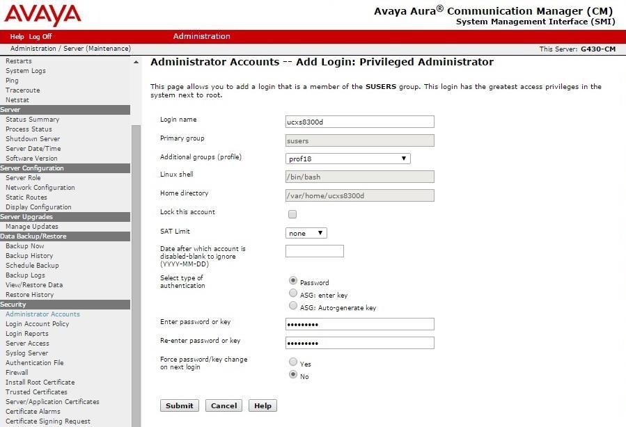 The Administrator Accounts screen is updated. Enter the desired credentials for Login name, Enter password or key, and Re-enter password or key.