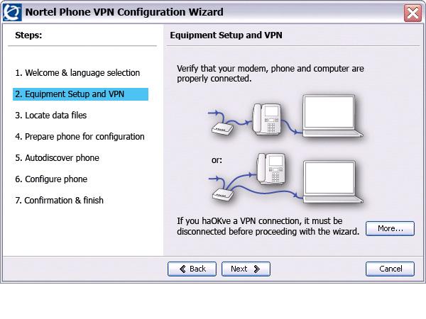 Virtual Private Network Figure 11: Equipment Setup and VPN window 6. Verify that the modem, IP Phone, and PC are connected properly. 7. Disconnect any VPN connection currently running on your PC.