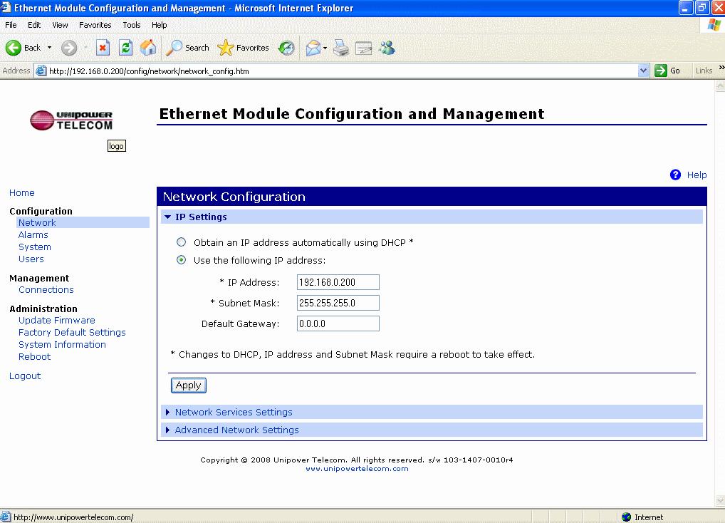 9.3 Configuration Network IP Settings Figure 5 - Configuration - Network - IP Settings The network configuration screen allows adjustment of basic network parameters (IP address, subnet mask and