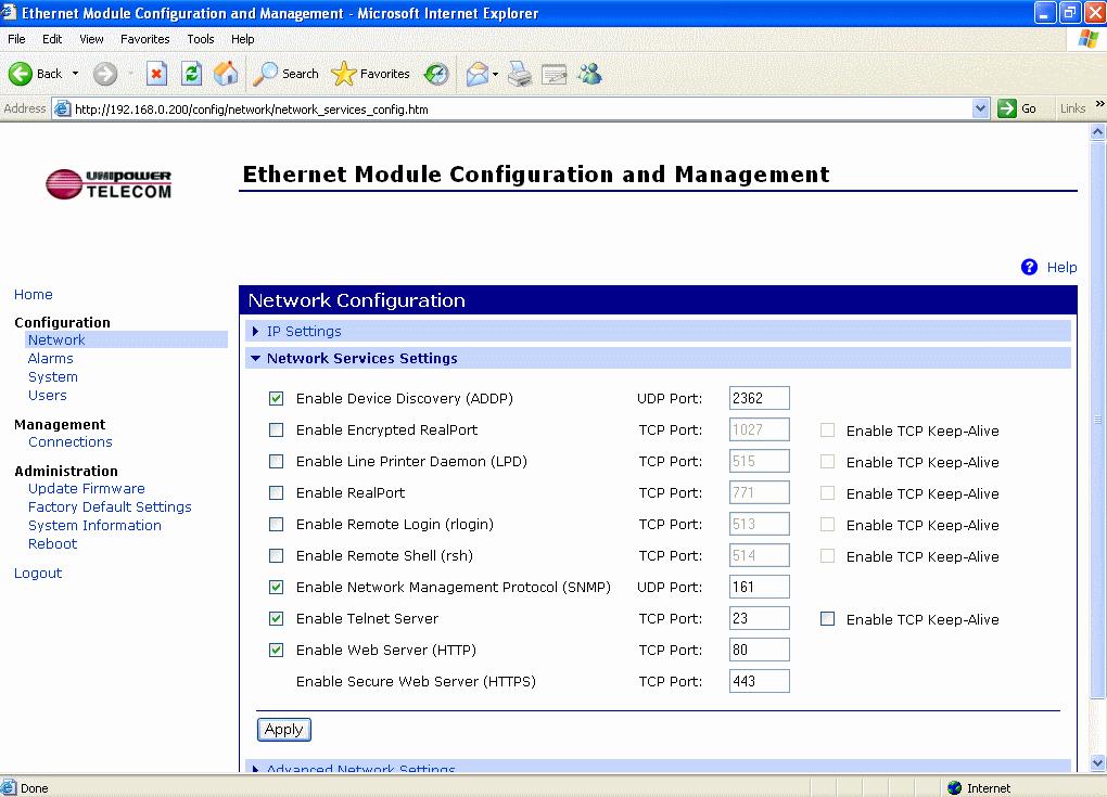 9.4 Configuration Network Network Services Settings Figure 6 - Configuration - Network - Network Services Settings The network service settings allow some of the network features to be enabled or