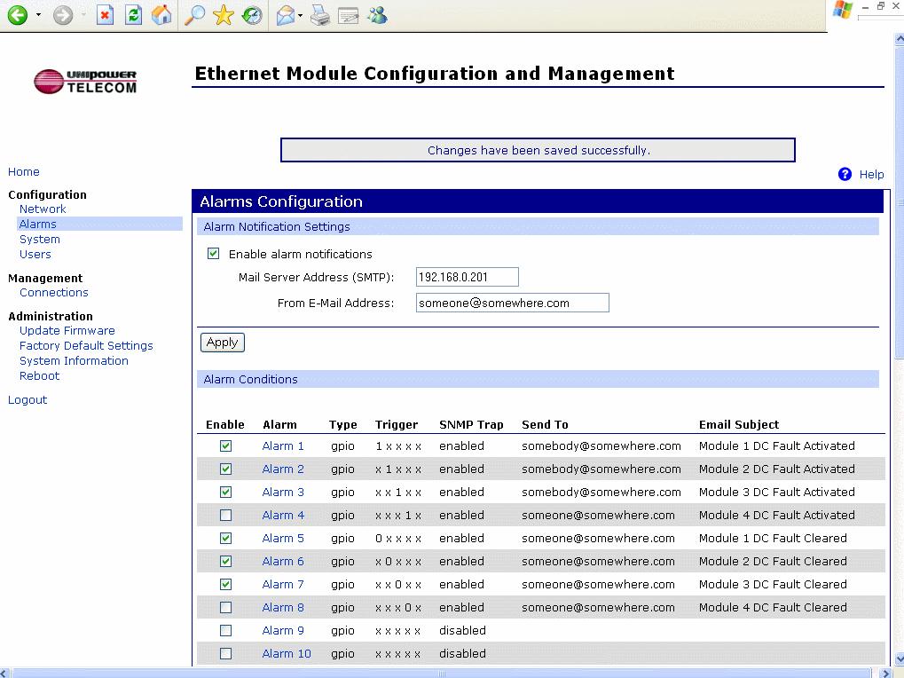 9.6 Configuration - Alarms Configuration Figure 7 - Configuration - Alarm Configuration (1) The alarms configuration page shows some preset alarm conditions so that any failing power supply module