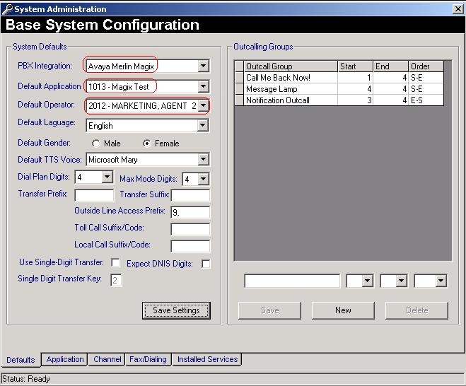 3. In the Defaults tab of the Base System Configuration window that appears, verify PBX Integration is set to Avaya Merlin Magix, Default Application is set to 1013 Magix Test, and Default Operator