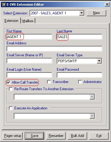 7. Returning to Extension tab of the e-ivr Extension Editor window, enter