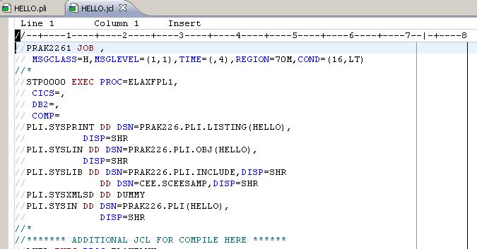 5. In the z/os Projects view, double click on PRAK226.PLI.JCL(HELLO).