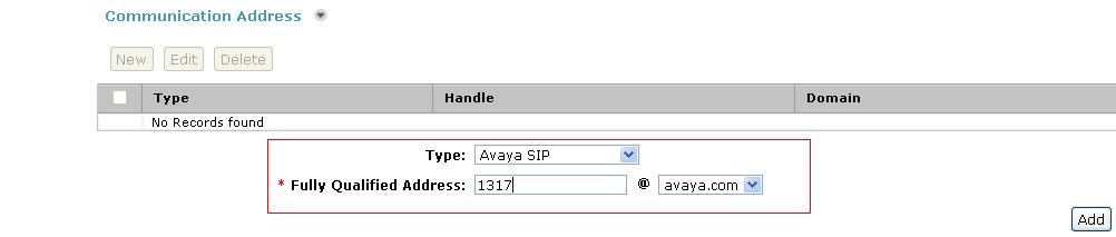 Still on the Communication Profile tab move down to Communication Address and click o the New button. Enter the Type as Avaya SIP and the Fully Qualified Address the same as on the Identity tab.